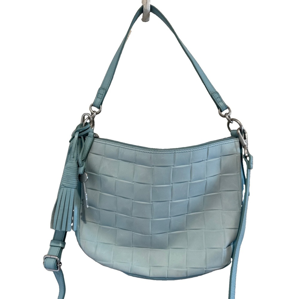 Fossil Jolie Crossbody Shoulder Bag Purse Turquoise Blue Leather Basket Weave